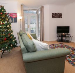 A living room with a decorated Christmas tree a green sofa a floor lamp a flat screen TV on a stand and a patterned rug at No 1 Railway Cottages Betws-y-Coed