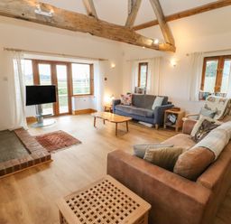 A living room with two sofas a wood stove and a television at Hill Farm Cottage Kerry's Gate near Abbey Dore