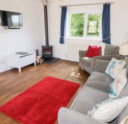 A living room with grey sofas red rug wall mounted tv and a wood burning stove at The Duck House in Wolfscastle