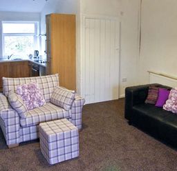 A living room area with a plaid armchair and matching ottoman near a black sofa with purple pillows and an open kitchen at Hendre Aled Cottage 1 Llansannan near Llanrwst