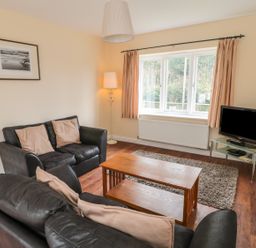 A living room with black sofas and a wooden coffee table a TV on a glass stand and a window with curtains at No 1 Low Hall Cottages Scalby near Scarborough