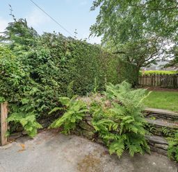 A garden area with stone steps, ferns, a wooden gate, and a hedge at 3 Tyn Y Mynydd in Penmachno