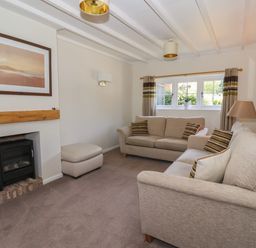A living room with two sofas a fireplace a window with curtains and a lamp at Waggoner's Cottage Bessingby near Bridlington