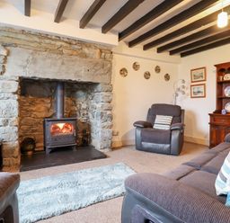A living room with a fireplace and furniture at Bryn Re in Trawsfynydd near Llan Ffestiniog and Dolgellau