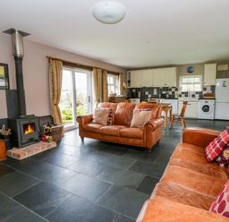 A living room with a stove and sofa at Blaenffynnon Bach in Trelech near Crymych