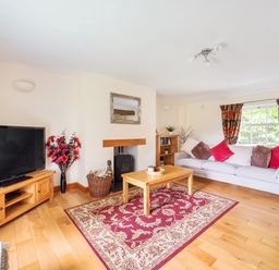 A living room with a sofa a coffee table a television and a fireplace at Old Rectory Cottages Aberhafesp near Newtown