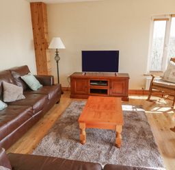 A living room with brown leather sofas a wooden coffee table a TV on a wooden stand and a rocking chair at Bluebell House and Gardens Gurteenulla near Ballydehob County Cork