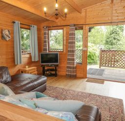 A living room with a brown leather sofa a rug a television and a view of a wooden deck at Y Caban in Llechwedd The Conwy Valley