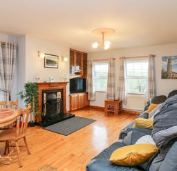 A living room with a fireplace a television a wooden dining table chairs and a sofa with cushions at Raheen in Castletownshend County Cork