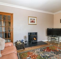 A living room with a wood burning stove television on a stand and a patterned rug at Bron Aber in Arthog near Dolgellau 