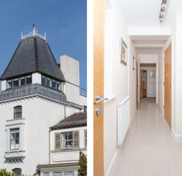 Exterior view of a white building with a tall roof and an interior hallway with tiled floor and wooden doors at The Moorings in Deganwy near Llandudno