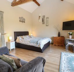 A bedroom with a bed, sofa, and television at Tawny Owl Barn in Shipdham near Dereham
