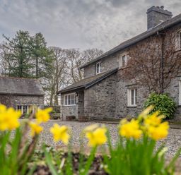 A stone house and an outbuilding with yellow flowers in the foreground at Crabtree in Hawkshead