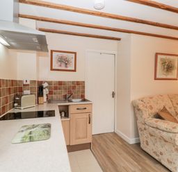 A kitchen area with stovetop toaster and sink next to a floral patterned sofa at Woods Edge in Mitcheldean