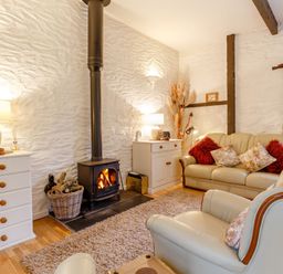 A living room with a wood stove and seating at Wagtail Cottage in East Taphouse