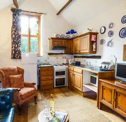 A kitchen and sitting area with wooden cabinets blue and white plates on the wall and a small television at The Mill in Bicknoller