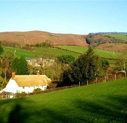 A countryside scene with a thatched cottage and green fields at The Mill in Bicknoller