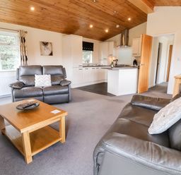 A living room with two leather sofas and a wooden coffee table with a bowl and remotes in Callow Lodge 5 at Beaconsfield Holiday Park