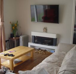 A living room with a beige sofa wooden coffee table television on the wall electric heater and flowers on a table at Peacehaven Rosecraddoc Lodge near Liskeard