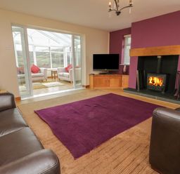 A living room with two brown leather sofas a purple rug a fireplace with fire and a TV at Bryn Derw Holiday Cottage in Eglwysbach near Llanrwst and Conwy