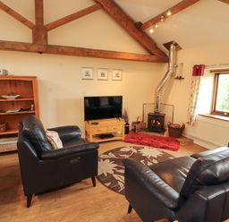 A living room with a sofa, television and wood stove at Horseshoe Cottage Bolton Low Houses