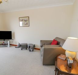 A living room with a brown leather sofa red cushion wooden side table with lamp and clock tv on a stand and elephant-shaped footstools at Bryn Coch Bach in Dyffryn Ardudwy