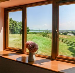A window with wooden frame looking out onto a grassy field with trees and a small lake a vase with flowers on the windowsill at Fferam Y Llyn in Rhosgoch near Cemaes Bay