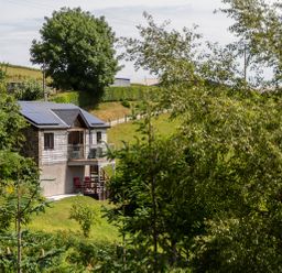 A small house with solar panels on the roof surrounded by trees and grassy hills at Black Mountain View in Llanafan Fawr near Builth Wells