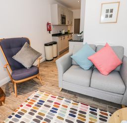 A living room with a gray sofa with blue and pink cushions a wooden side table a purple armchair and a colorful rug at 24 College Lane in Stratford-Upon-Avon