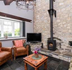 A living room with a television and wood stove at Pear Tree Cottage Mark near Burnham-on-Sea