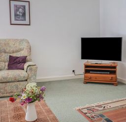 A living room with an armchair and a television at West Bowden Farm in Knowstone near South Molton