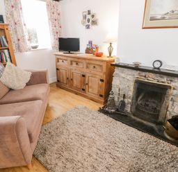 A living room with a sofa a wooden cabinet a stone fireplace and a bookshelf at Bron Heulog Cottage Llangoed near Beaumaris
