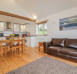 An open plan kitchen and living area with wooden dining table and chairs a brown leather sofa and kitchen appliances at Vine Cottage in St Ewe near Sticker 