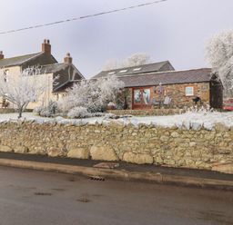 A stone wall in front of two houses with snow-covered trees and bushes at Sonya's Cottage in Anthorn Solway Firth