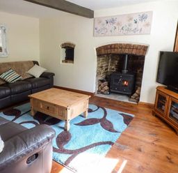 A living room with a leather sofa a wooden coffee table a fireplace with a stove a wooden TV cabinet and a television at Ploony Cottage in Bleddfa