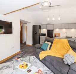 A living room with a gray sofa yellow blanket glass coffee table and a mounted television at Lands Brow Lodge in Wigton