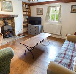A living room with a fireplace a wooden coffee table two sofas a TV on a dresser and bookshelves at Gatehouse in Painscastle