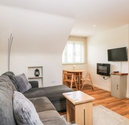 A living room with a gray sofa, wooden coffee table, small dining table with chairs, wall-mounted TV, and a modern fireplace at Shephard's Retreat in Charlton Mackrell near Somerton