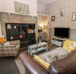 A living room with a fireplace armchair sofa coffee table and television at West Wing Cottage in Hexham