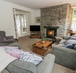 A living room with a television and fireplace at Teifi House in Cilgerran near Cardigan