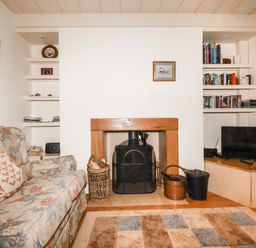 A living room with a floral sofa beside a fireplace and built-in shelves with books and a television at The Ark Cottage in St Blazey