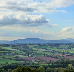 A rural landscape with fields, trees, and hills under a cloudy sky at Rose Cottage in Welsh Newton