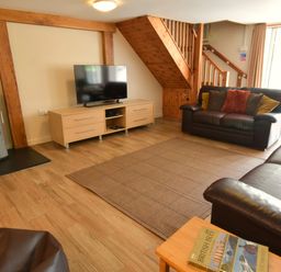 A living room with a sofa and television at Kingfisher in Blaenwaun