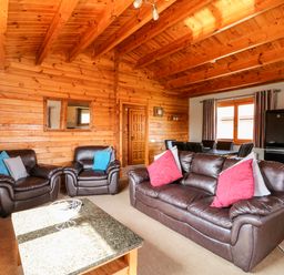 A living room with brown leather sofas and colorful cushions a wooden coffee table and dining area with black chairs at Bittern Lodge in Tattershall Lakes Country Park