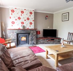 A living room with a stone fireplace, a television, a wooden coffee table with a bottle and glasses, a leather sofa, and framed pictures on the wall at Haulfryn in Bethesda