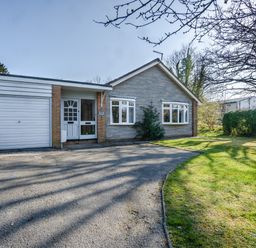 A front view of a house with a garage and driveway and a lawn with trees at Trederwen in Rhayader