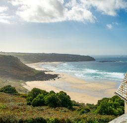 A beach view with hills and sea at Carn Eve Sennen Cove near St Just
