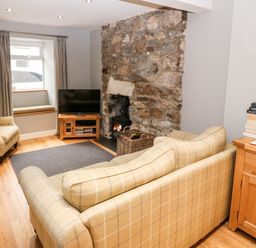 A living room with a checkered sofa and armchair a stone fireplace a wooden cabinet with books and a television at Haddef in Nefyn