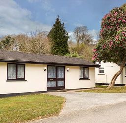 A single story house with two windows and a door on the front lawn and a flowering tree nearby at Chy Lowenna Rosecraddoc Holiday Village near Liskeard
