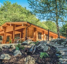 A log cabin with a porch and stone steps surrounded by trees and rocks at Wilderness Lodge in Stiperstones